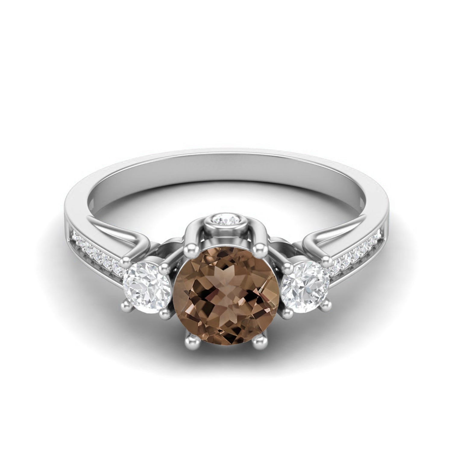 Smoky Quartz 0.75 Ct Round Three Stone Ring – 14K Yellow Gold