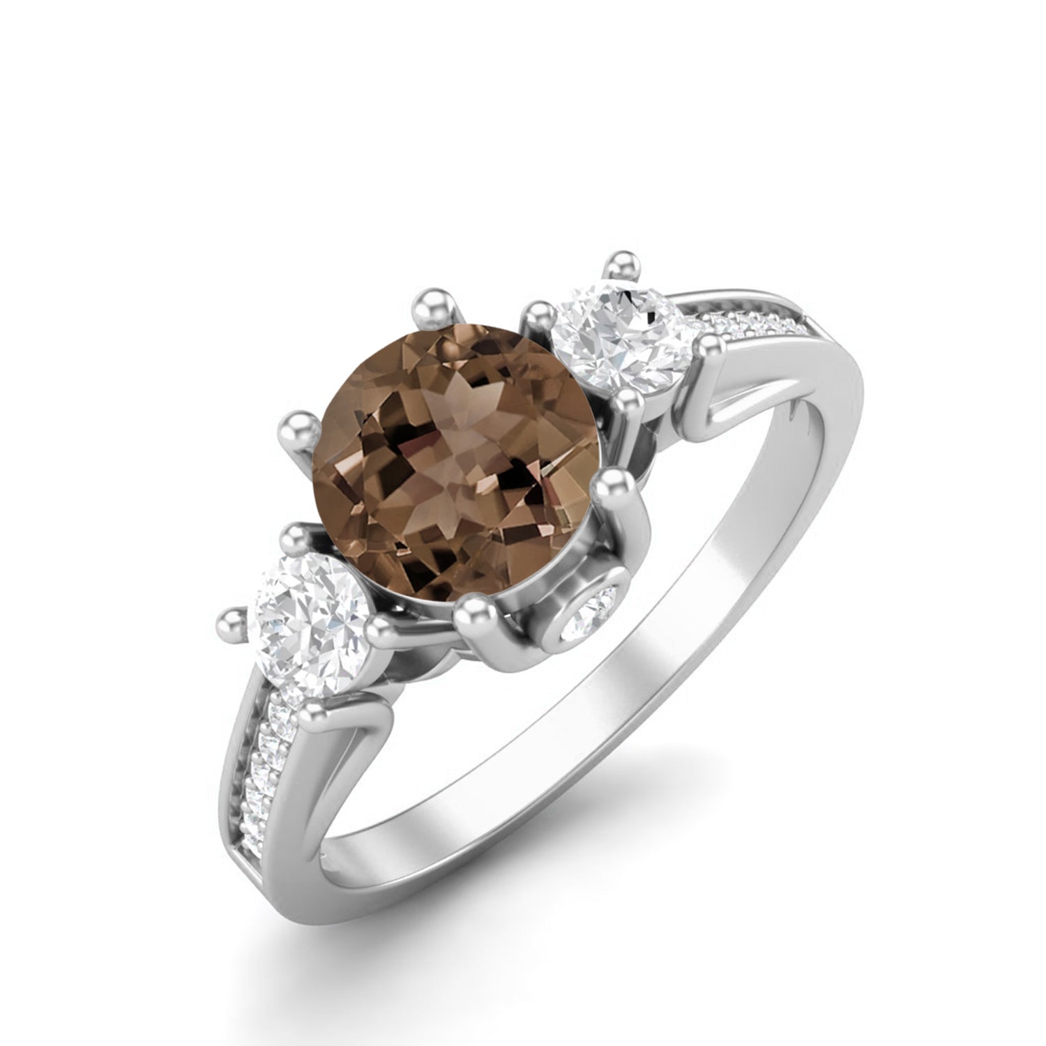 Smoky Quartz 0.75 Ct Round Three Stone Ring – 14K Yellow Gold