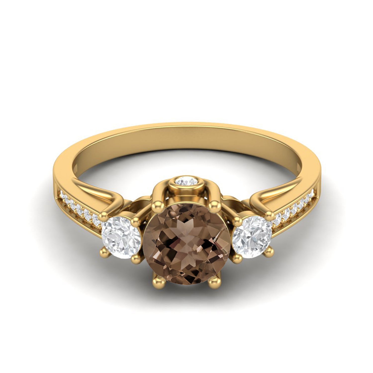 Smoky Quartz 0.75 Ct Round Three Stone Ring – 14K Yellow Gold