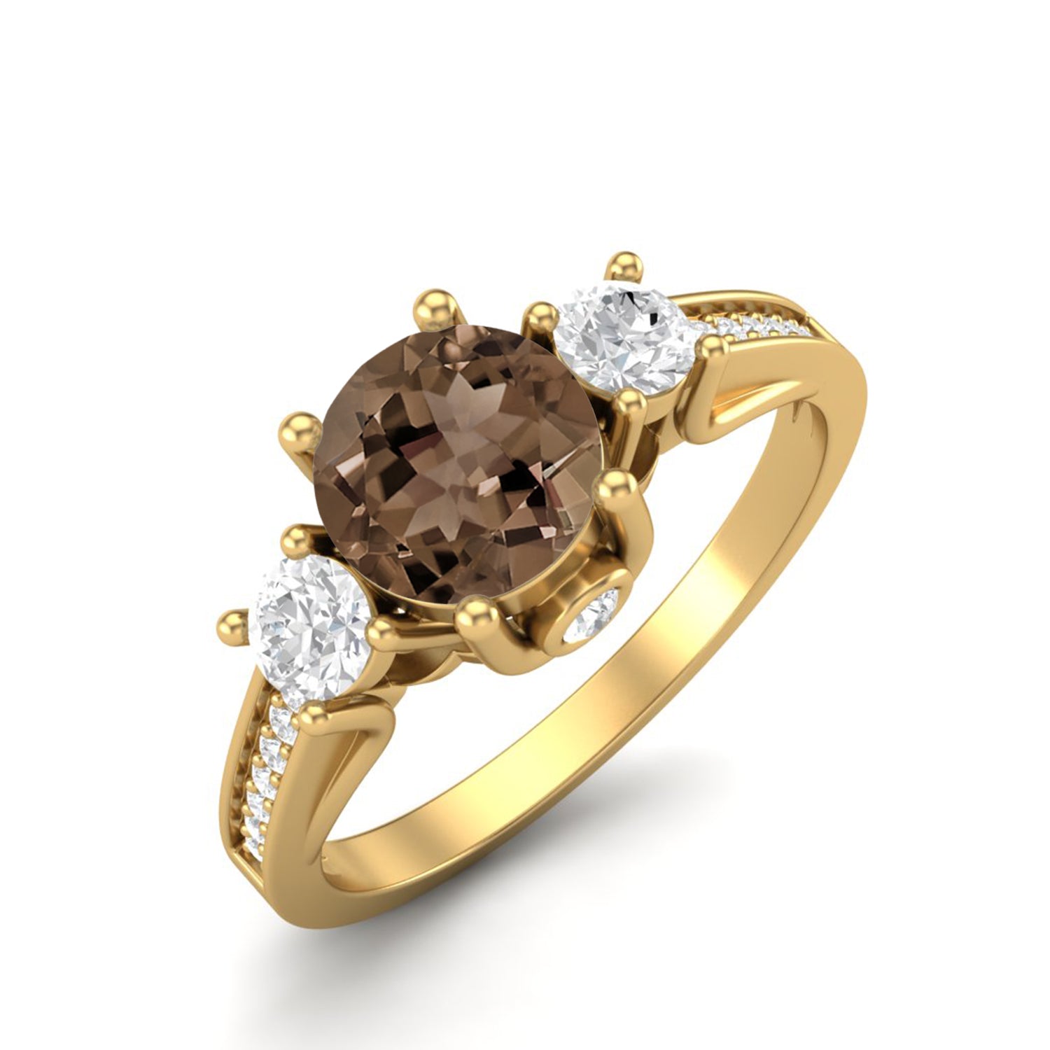 Smoky Quartz 0.75 Ct Round Three Stone Ring – 14K Yellow Gold