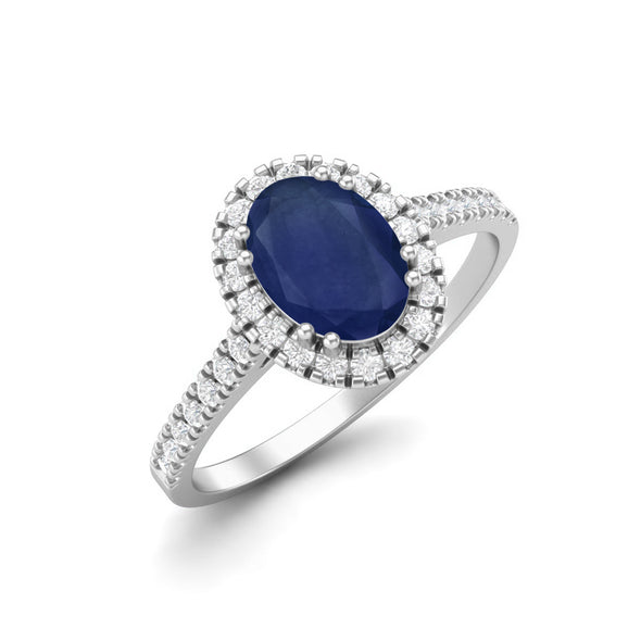 Oval Cut Blue Sapphire Gemstone Halo Ring 925 Sterling Silver Engagement Ring For Women