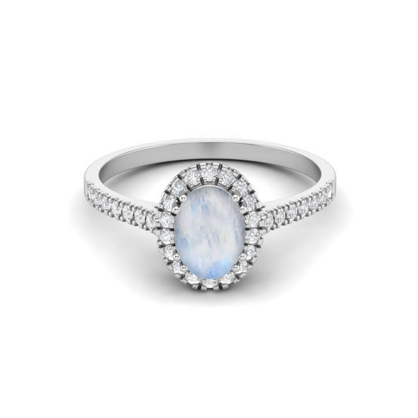 7x5mm Natural Moonstone Halo Wedding Ring 925 Sterling Silver Engagement Ring For Women