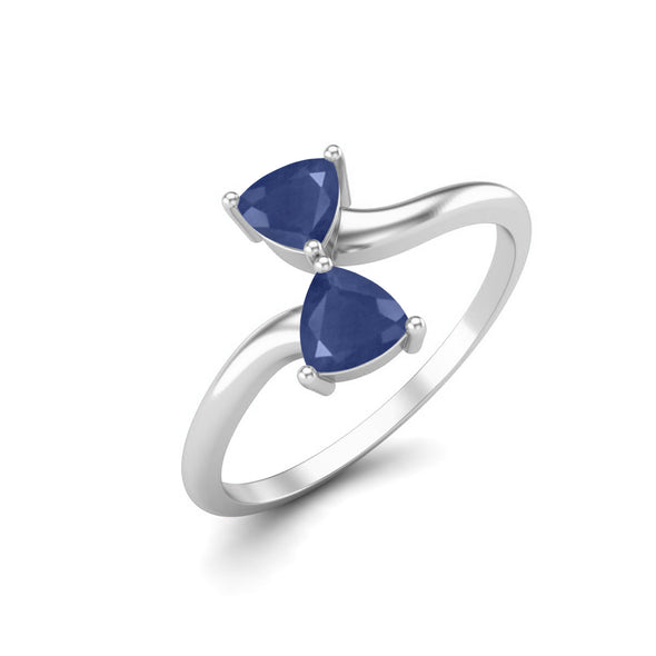 Trilion Blue Sapphire Double Stone Bypass Ring 925 Sterling Silver Promise Engagement Ring For Women