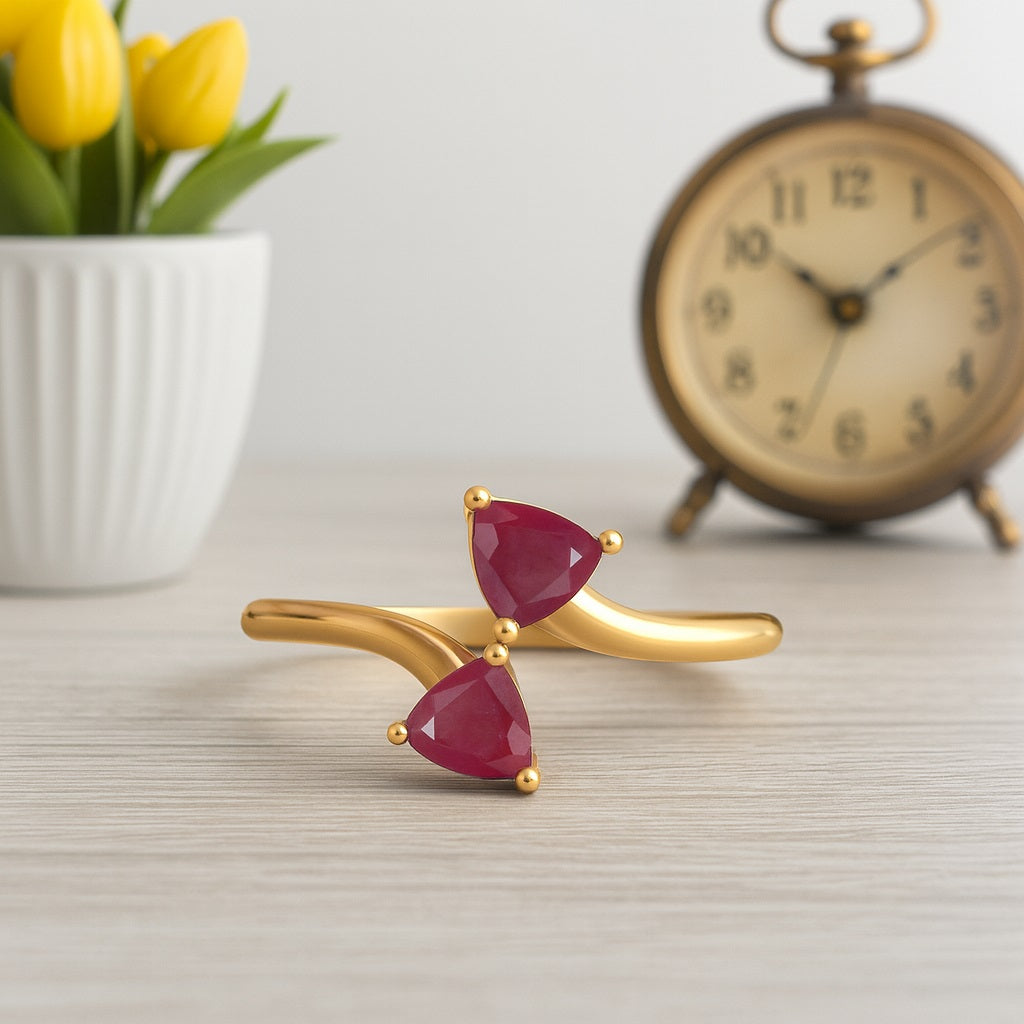 Ruby 0.50 Ct Trillion Cut Dual Stone Bypass Ring –  14k Yellow Gold