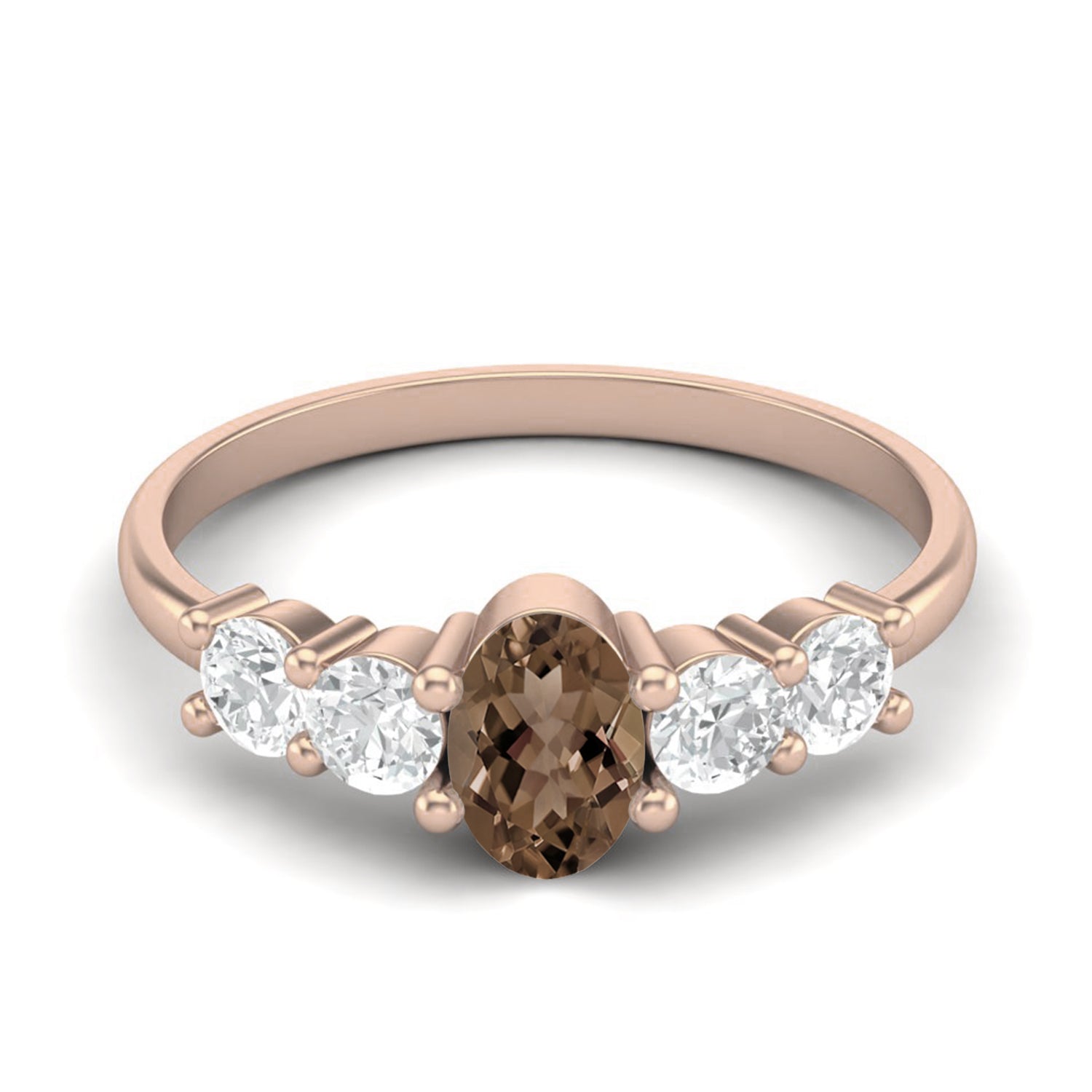 Smoky Quartz 0.50 Ct Oval Five Stone Classic Ring – 14K Yellow Gold