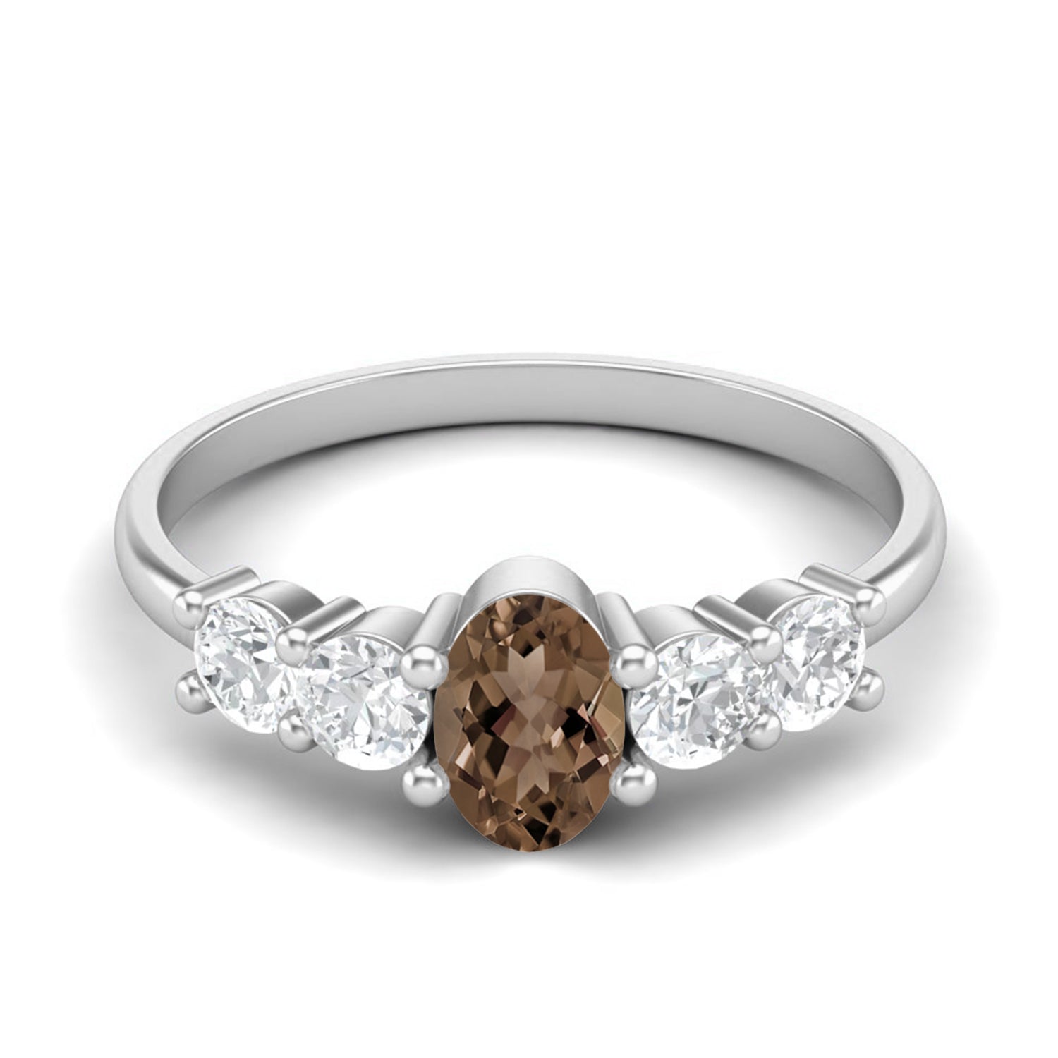 Smoky Quartz 0.50 Ct Oval Five Stone Classic Ring – 14K Yellow Gold
