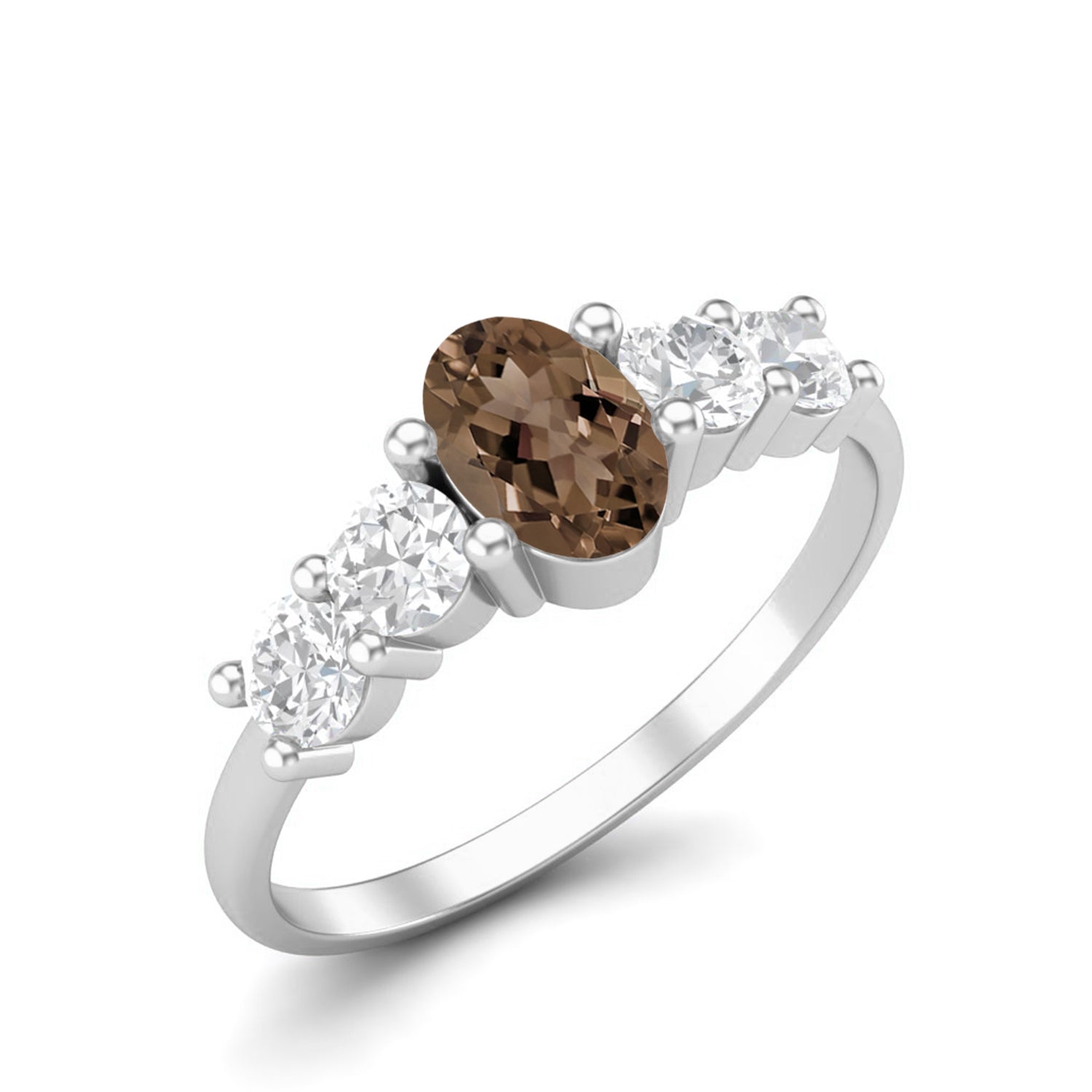 Smoky Quartz 0.50 Ct Oval Five Stone Classic Ring – 14K Yellow Gold