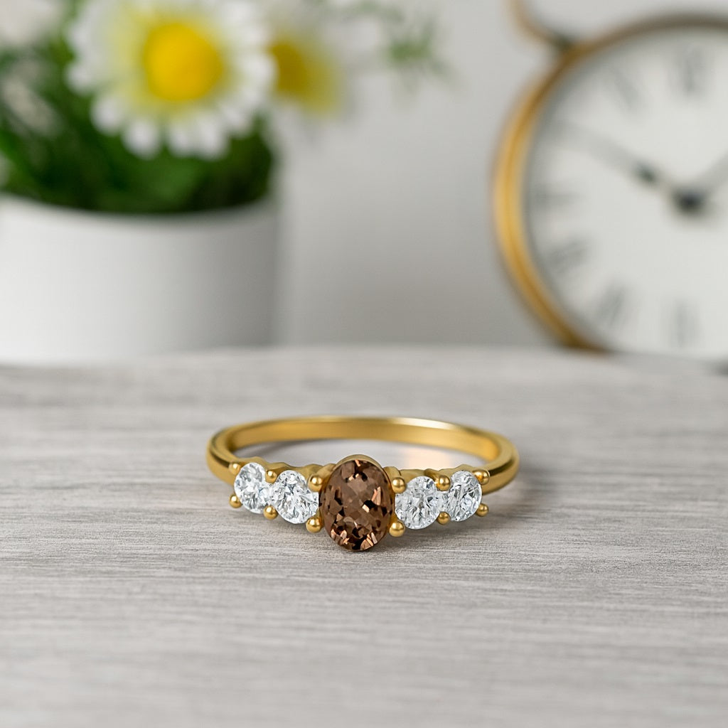Smoky Quartz 0.50 Ct Oval Five Stone Classic Ring – 14K Yellow Gold