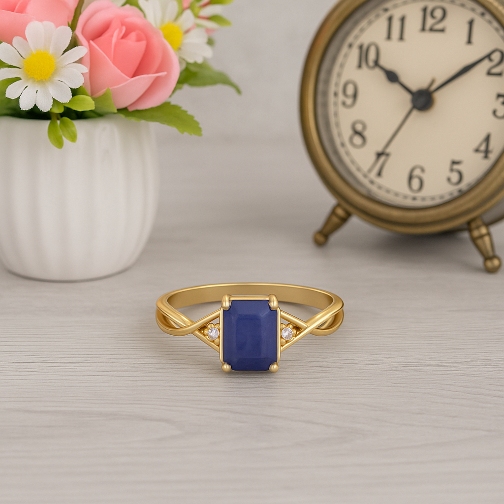Blue Sapphire 1.00 Ct Octagon Three Stone Ring - 14k Yellow Gold