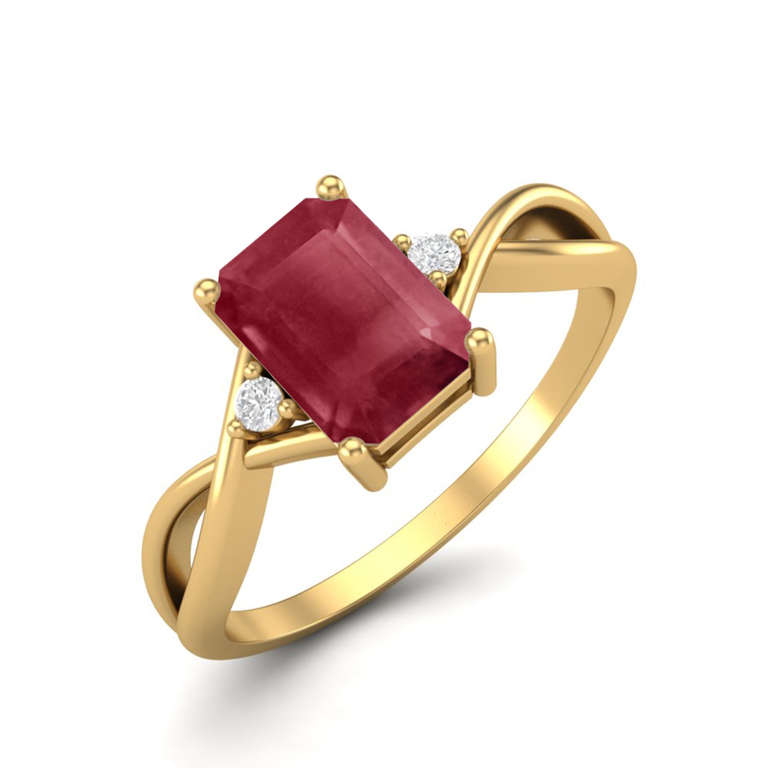 Ruby 1.00 Ct Octagon Cut Three Stone Ring – 14k Yellow Gold
