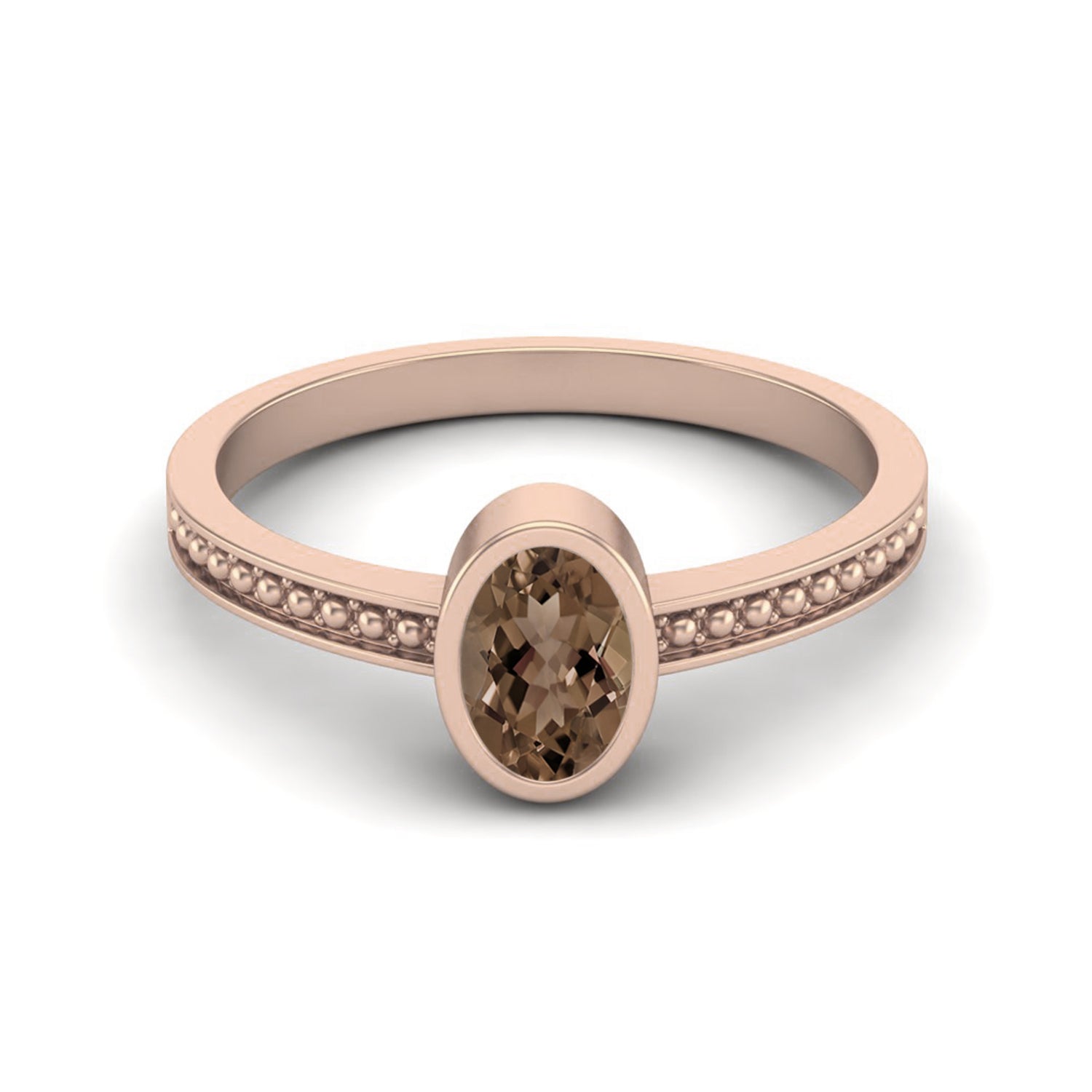 Smoky Quartz 0.50 Ct Oval Bezel Milgrain Band Ring – 14K Yellow Gold