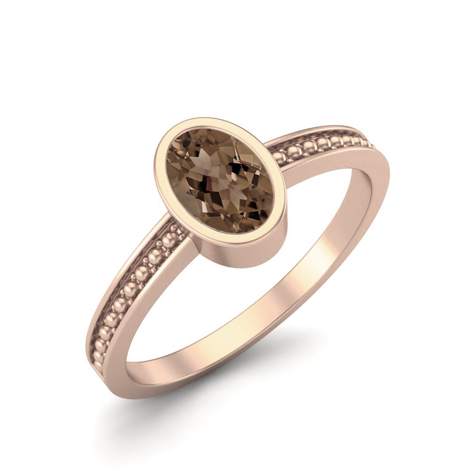 Smoky Quartz 0.50 Ct Oval Bezel Milgrain Band Ring – 14K Yellow Gold