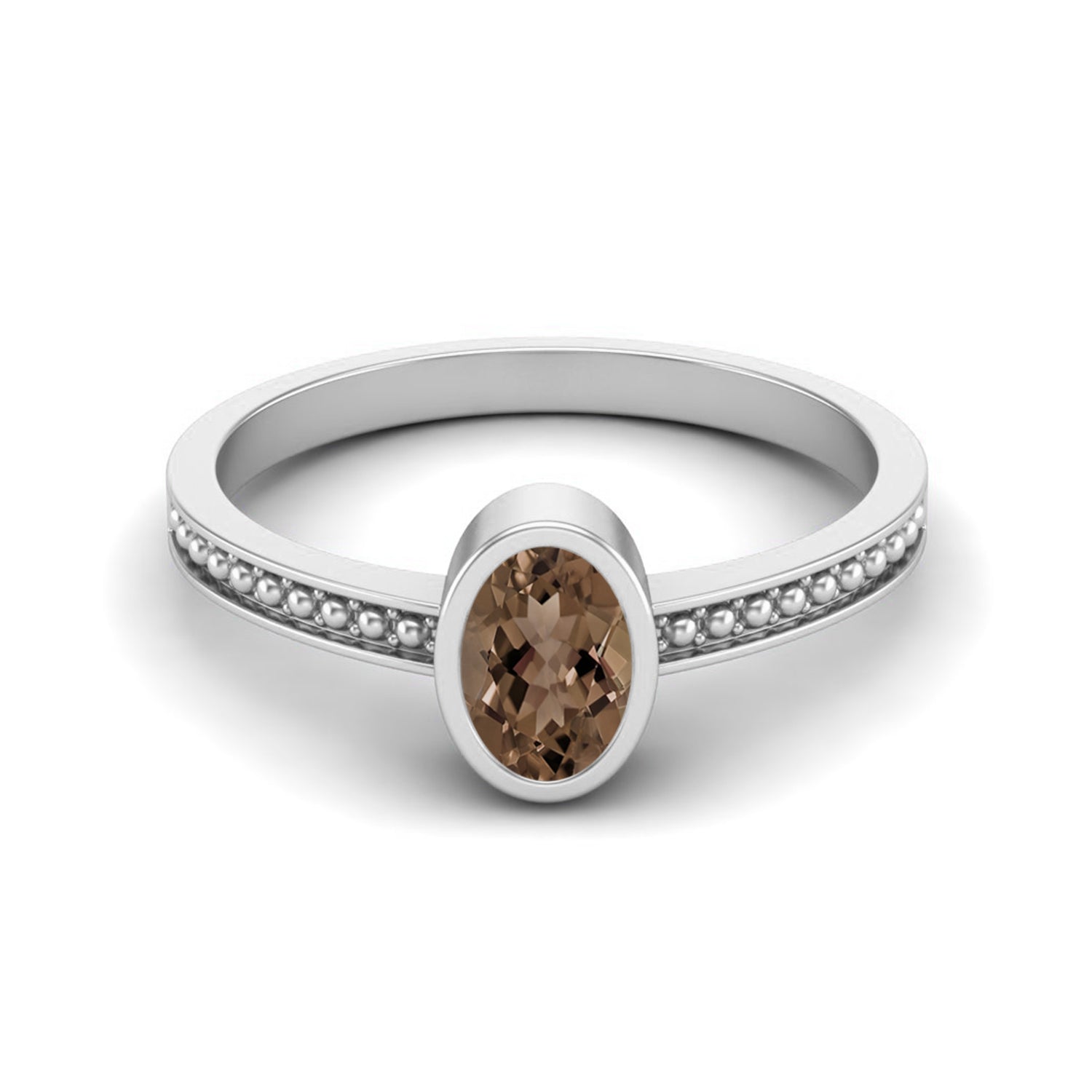 Smoky Quartz 0.50 Ct Oval Bezel Milgrain Band Ring – 14K Yellow Gold
