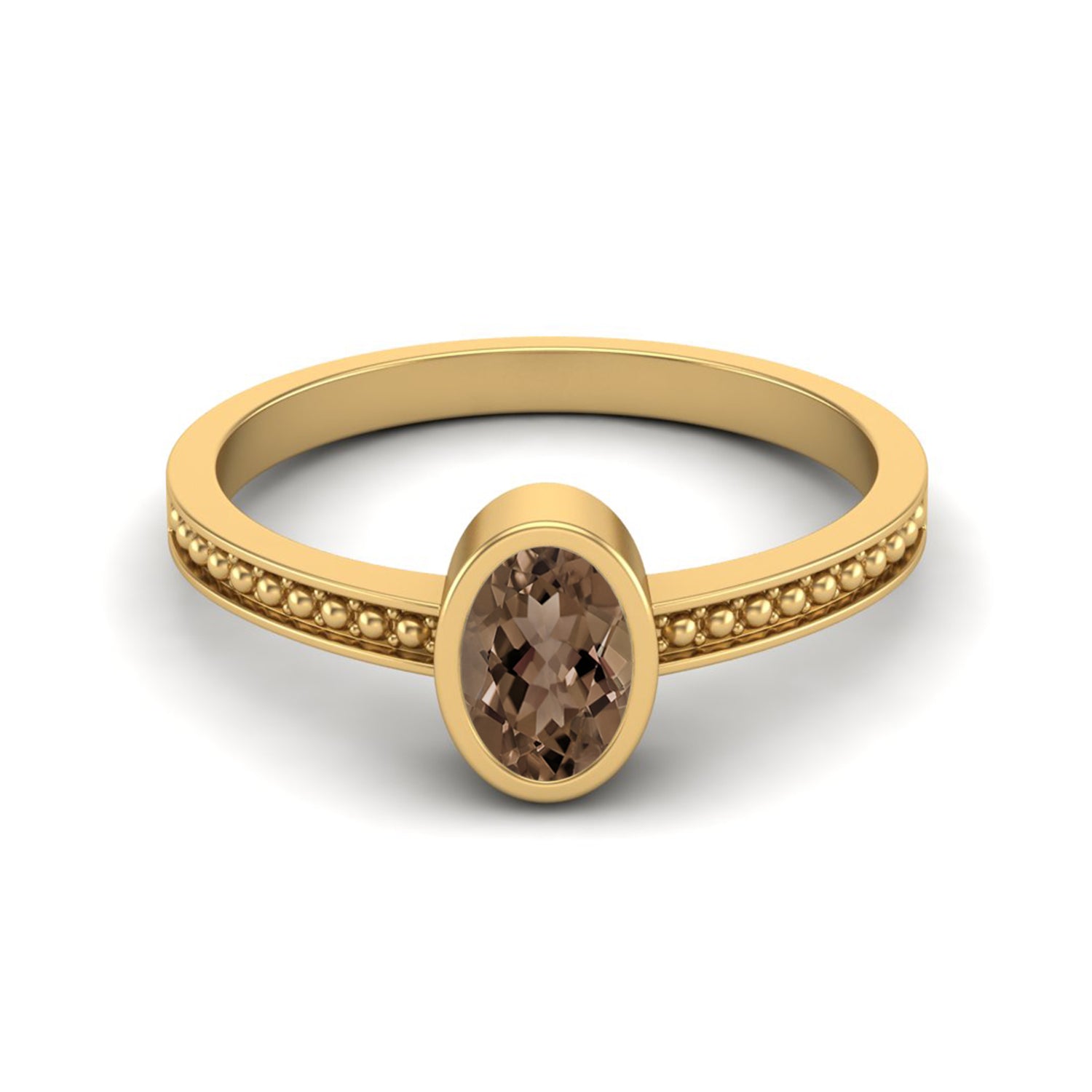 Smoky Quartz 0.50 Ct Oval Bezel Milgrain Band Ring – 14K Yellow Gold