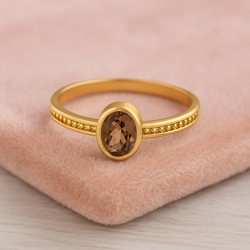 Smoky Quartz 0.50 Ct Oval Bezel Milgrain Band Ring – 14K Yellow Gold