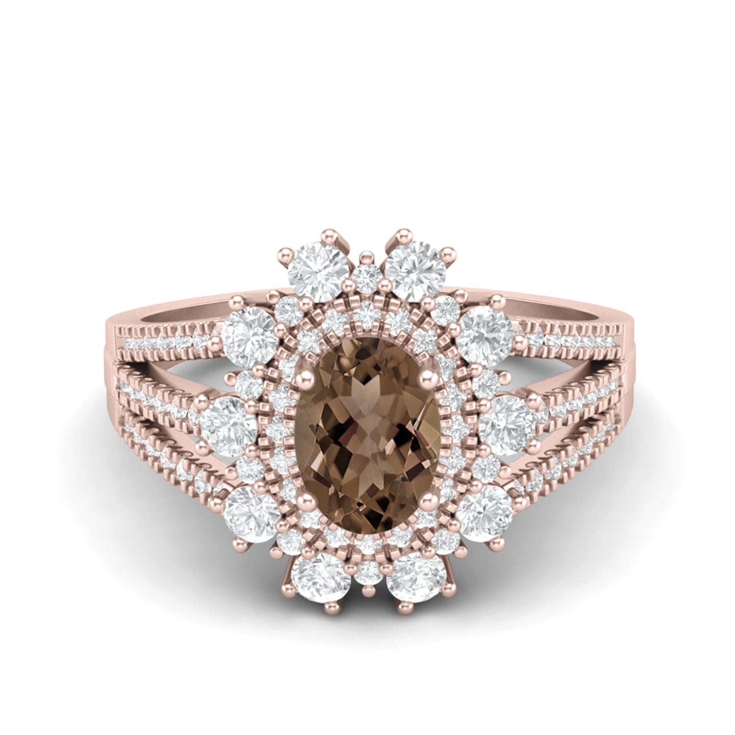 Smoky Quartz 1.00 Ct Oval Solitaire Halo Split Shank Ring – 14K Yellow Gold