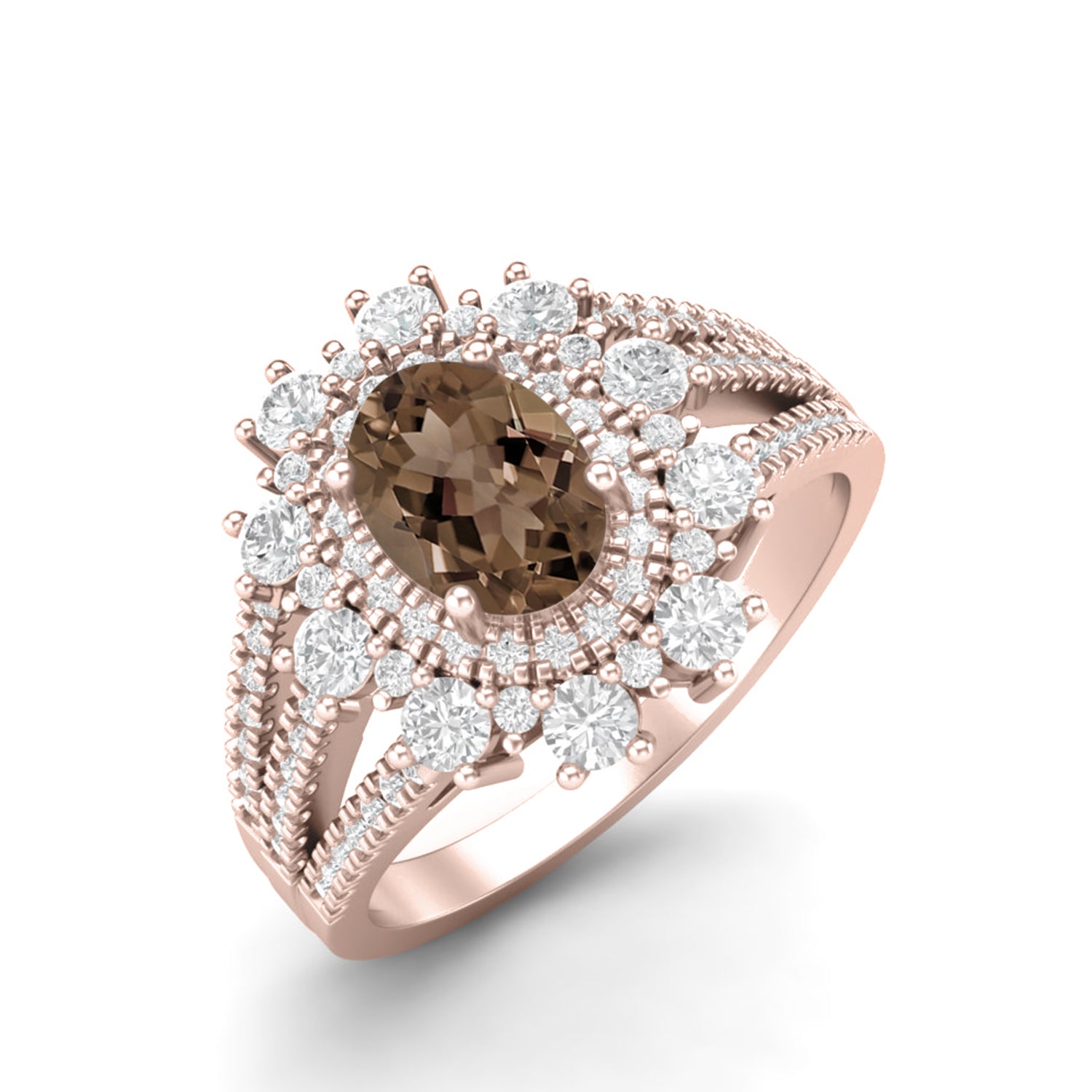 Smoky Quartz 1.00 Ct Oval Solitaire Halo Split Shank Ring – 14K Yellow Gold