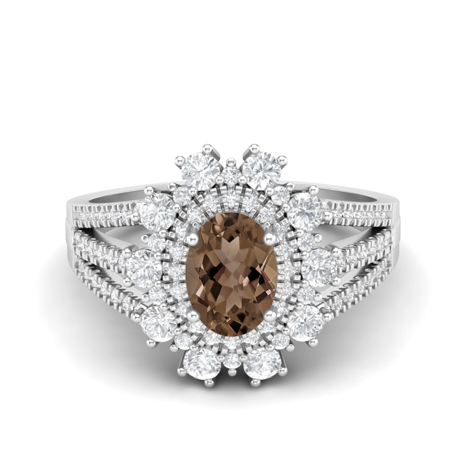 Smoky Quartz 1.00 Ct Oval Solitaire Halo Split Shank Ring – 14K Yellow Gold