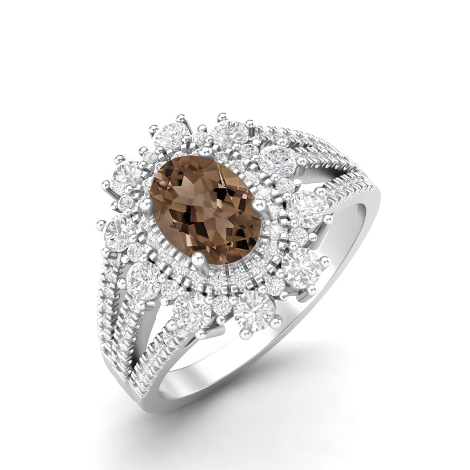 Smoky Quartz 1.00 Ct Oval Solitaire Halo Split Shank Ring – 14K Yellow Gold