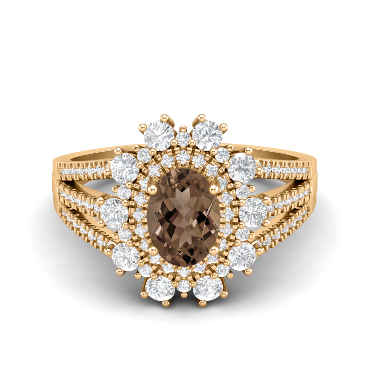 Smoky Quartz 1.00 Ct Oval Solitaire Halo Split Shank Ring – 14K Yellow Gold