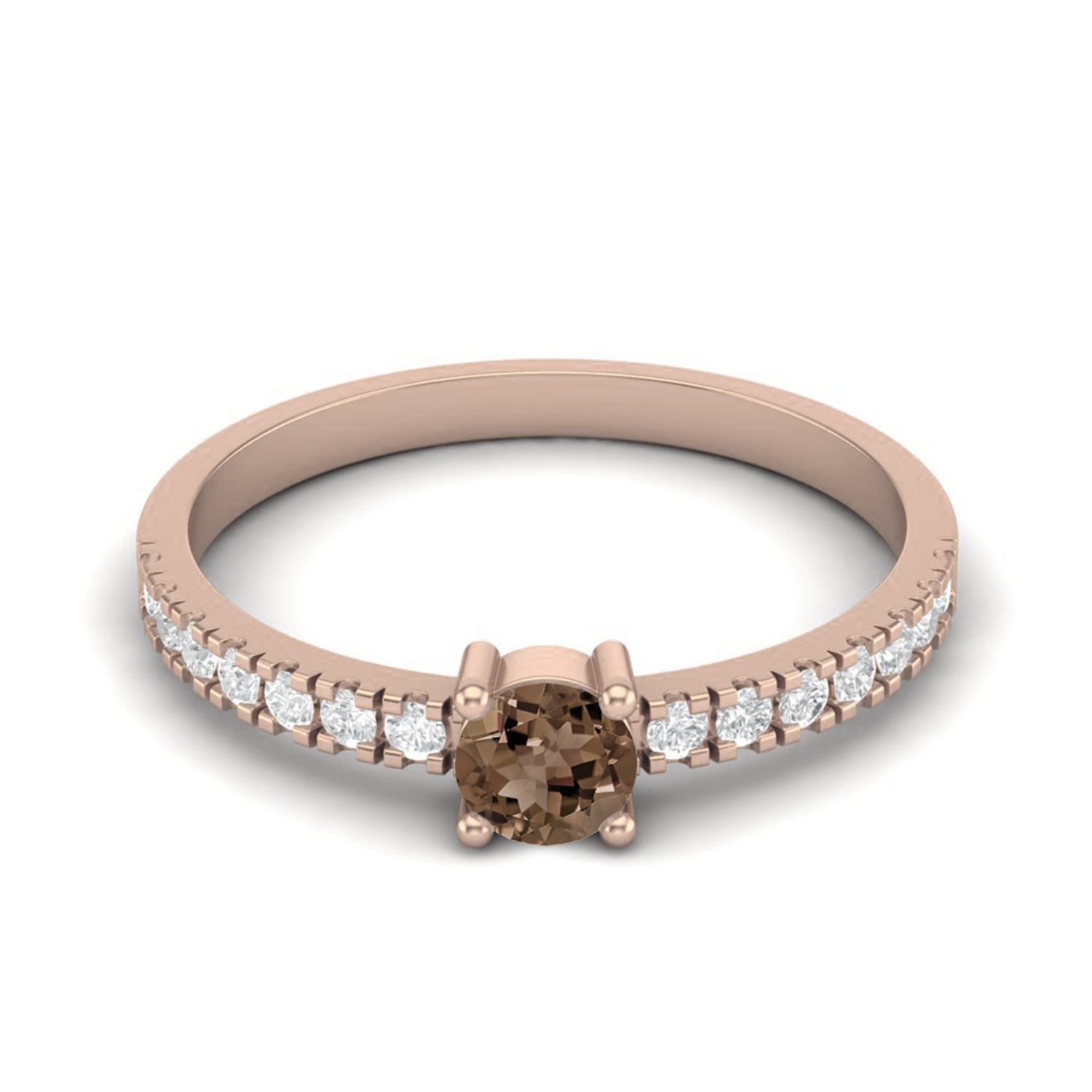 Smoky Quartz 0.25 Ct Round Classic Pave Band Ring – 14K Yellow Gold