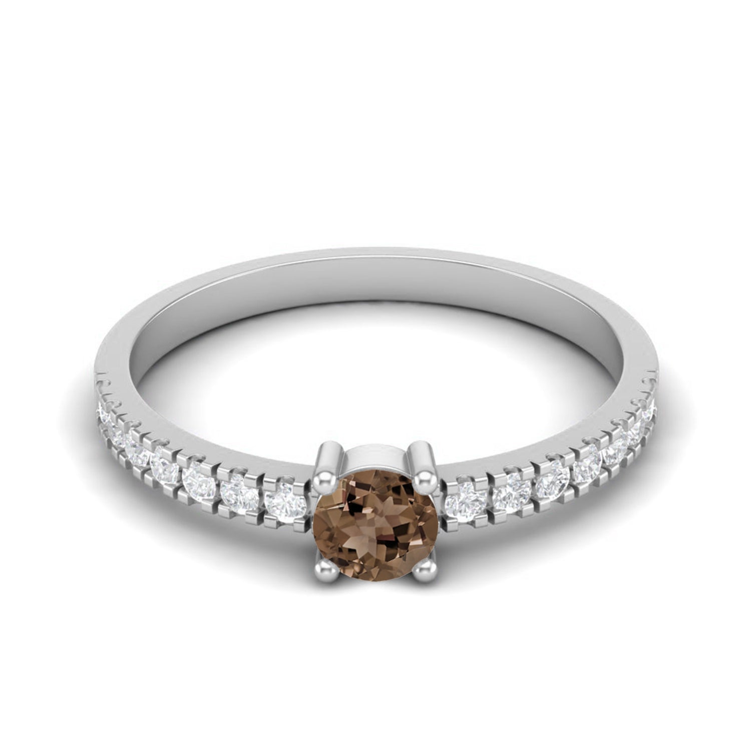 Smoky Quartz 0.25 Ct Round Classic Pave Band Ring – 14K Yellow Gold