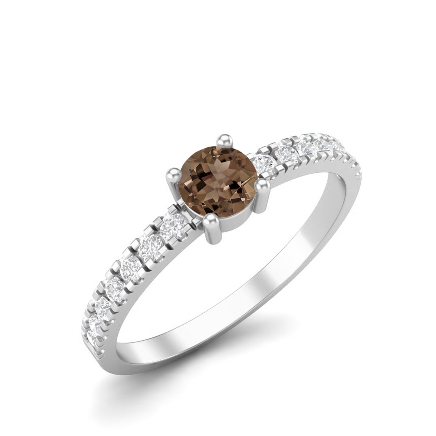 Smoky Quartz 0.25 Ct Round Classic Pave Band Ring – 14K Yellow Gold