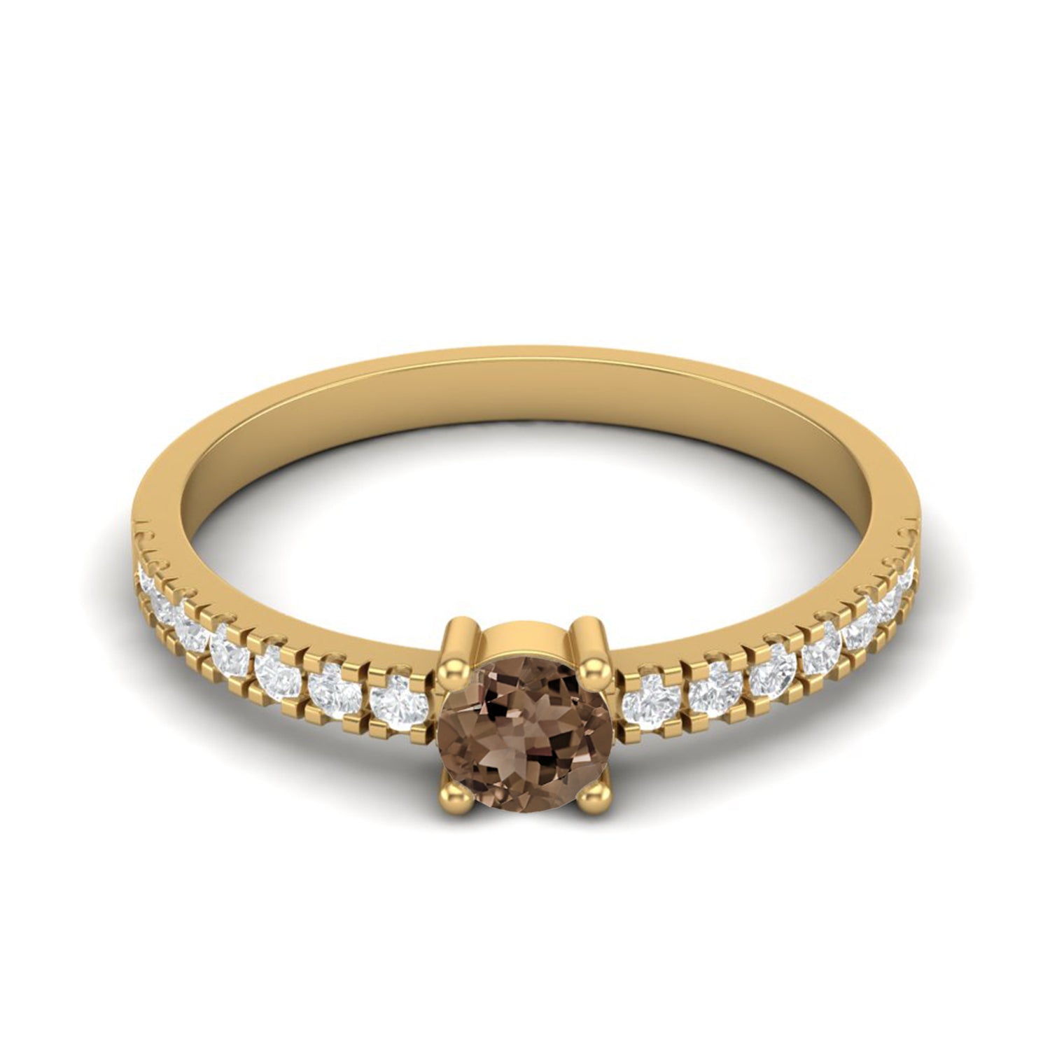 Smoky Quartz 0.25 Ct Round Classic Pave Band Ring – 14K Yellow Gold