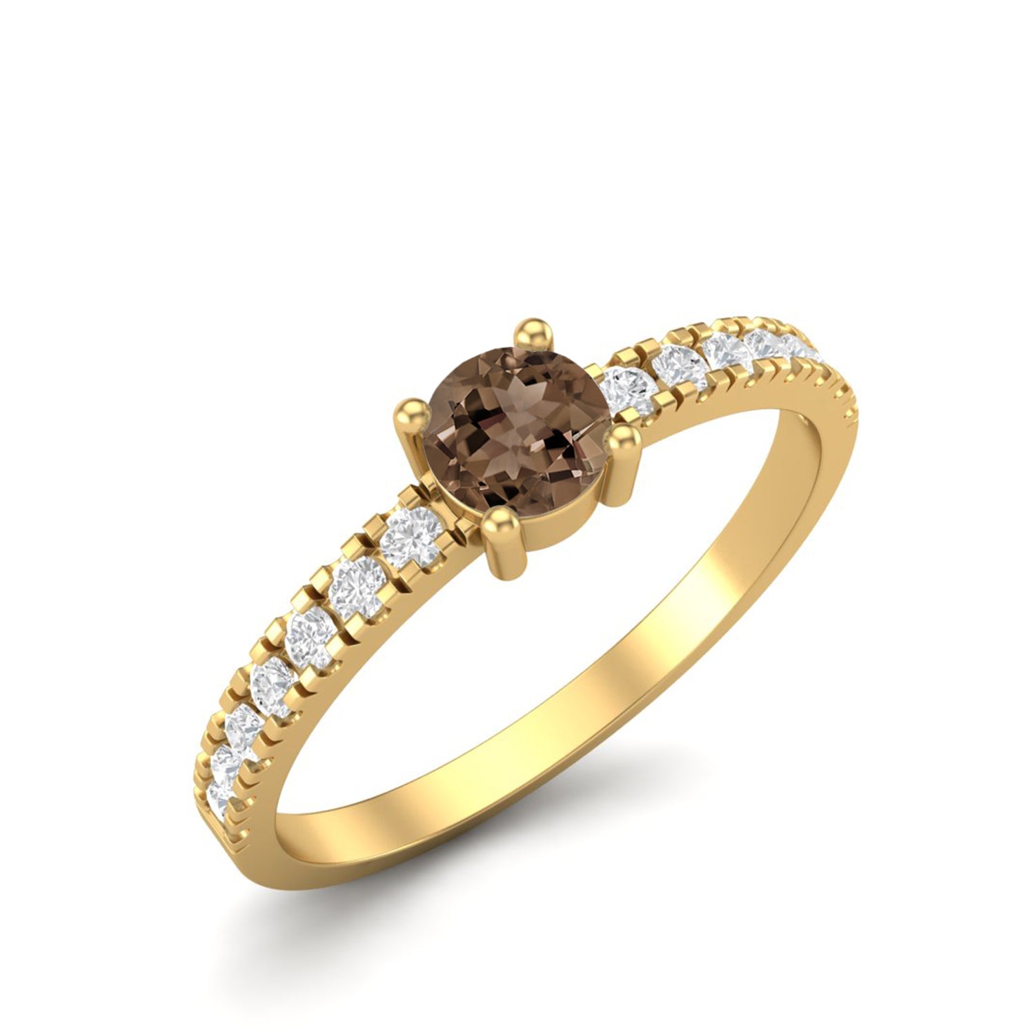 Smoky Quartz 0.25 Ct Round Classic Pave Band Ring – 14K Yellow Gold