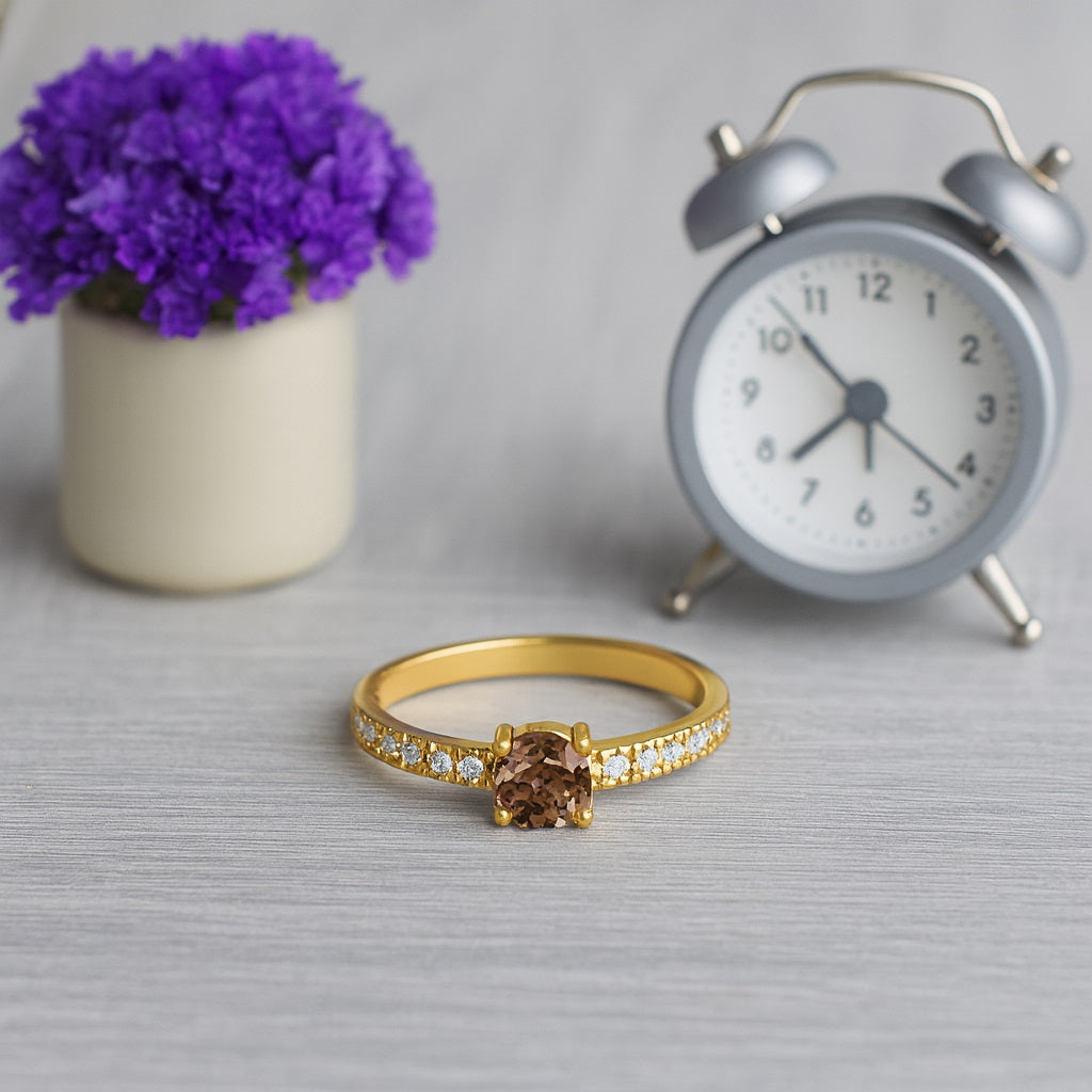 Smoky Quartz 0.25 Ct Round Classic Pave Band Ring – 14K Yellow Gold
