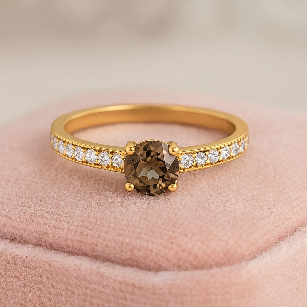 Smoky Quartz 0.25 Ct Round Classic Pave Band Ring – 14K Yellow Gold