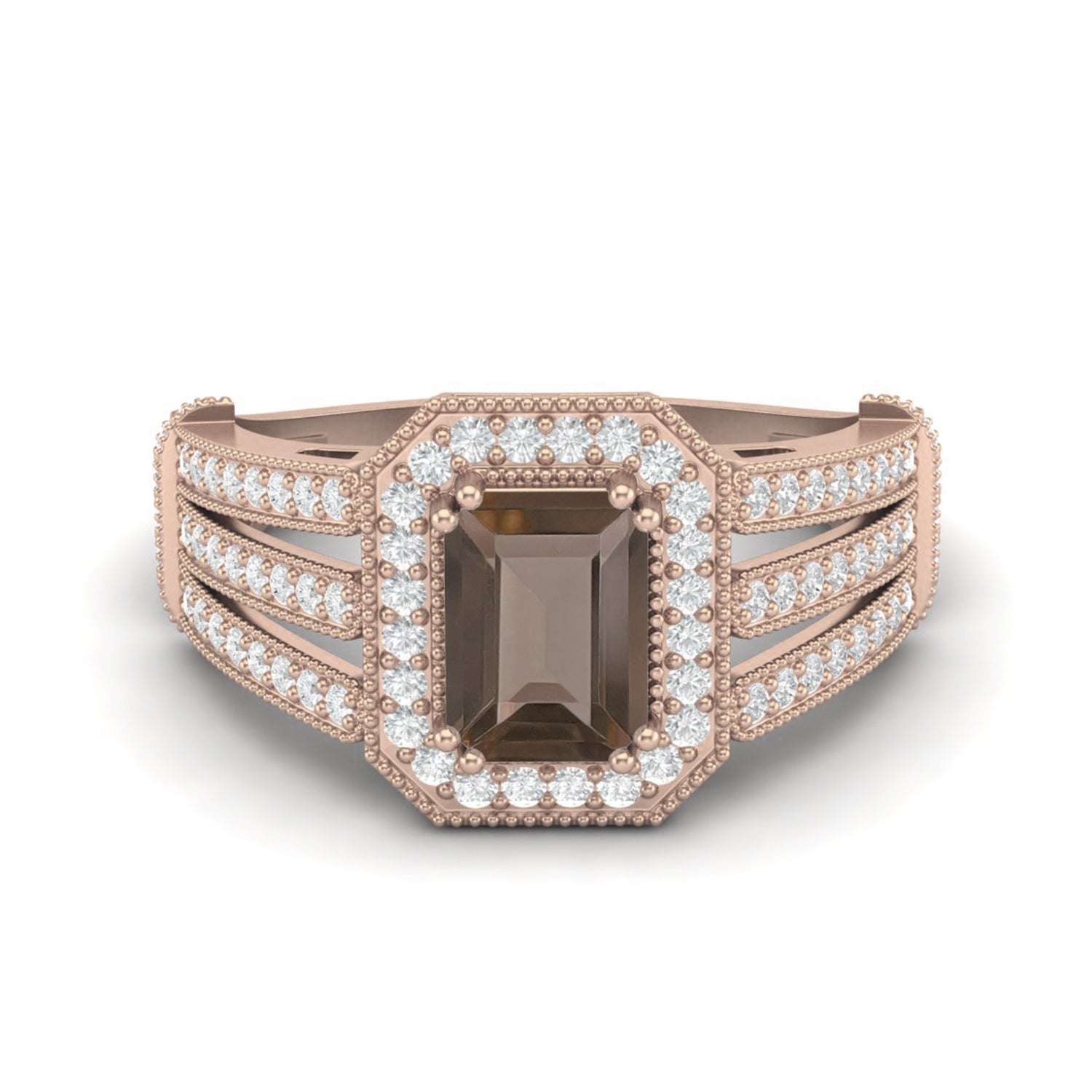 Smoky Quartz 1.00 Ct Octagon Double Halo Split Shank Ring – 14K Yellow Gold