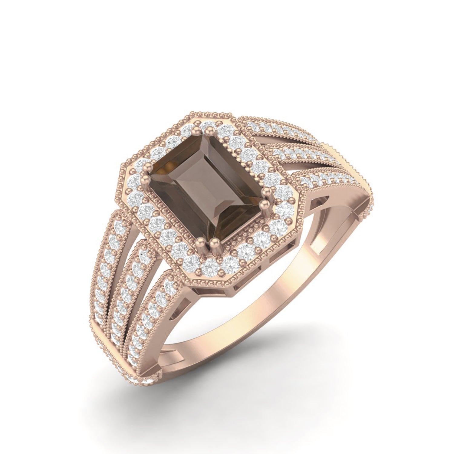 Smoky Quartz 1.00 Ct Octagon Double Halo Split Shank Ring – 14K Yellow Gold