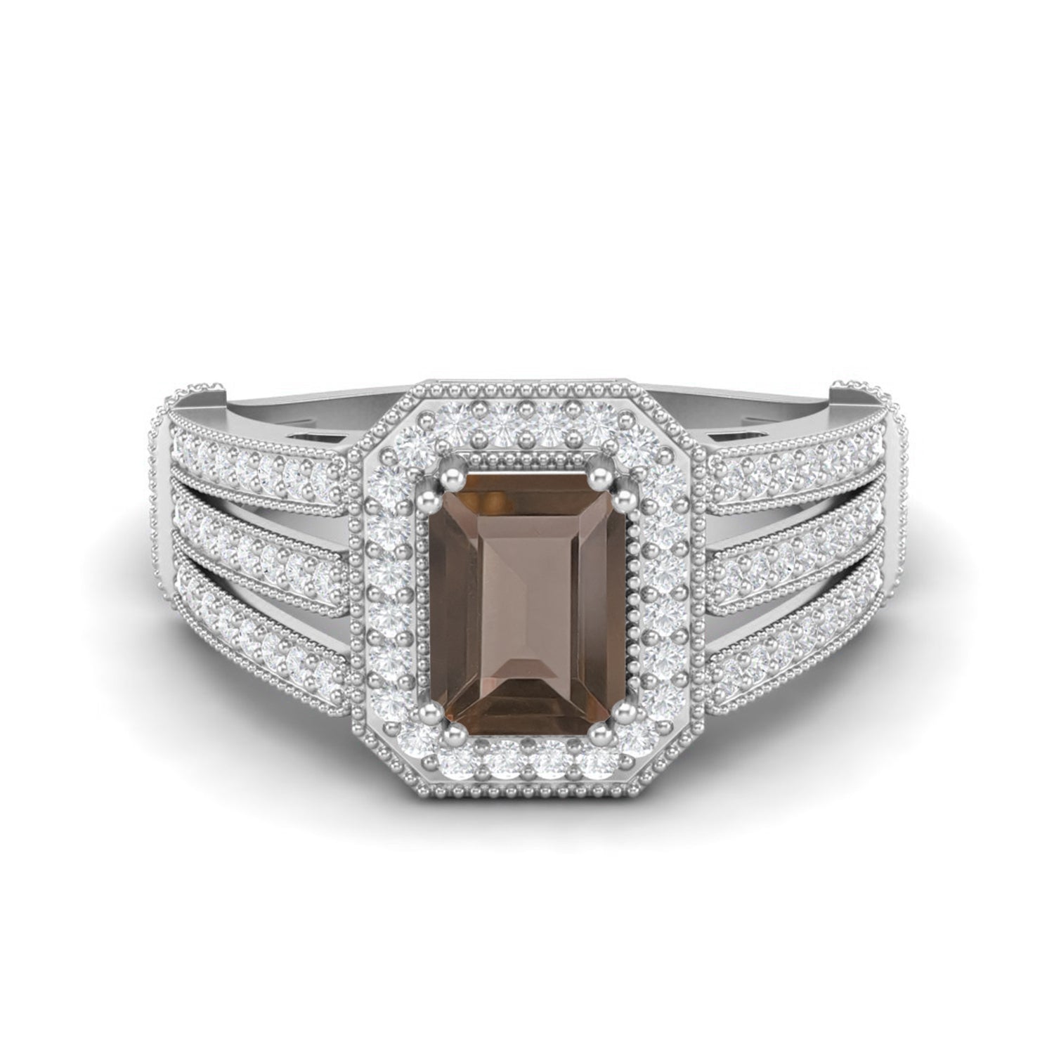 Smoky Quartz 1.00 Ct Octagon Double Halo Split Shank Ring – 14K Yellow Gold