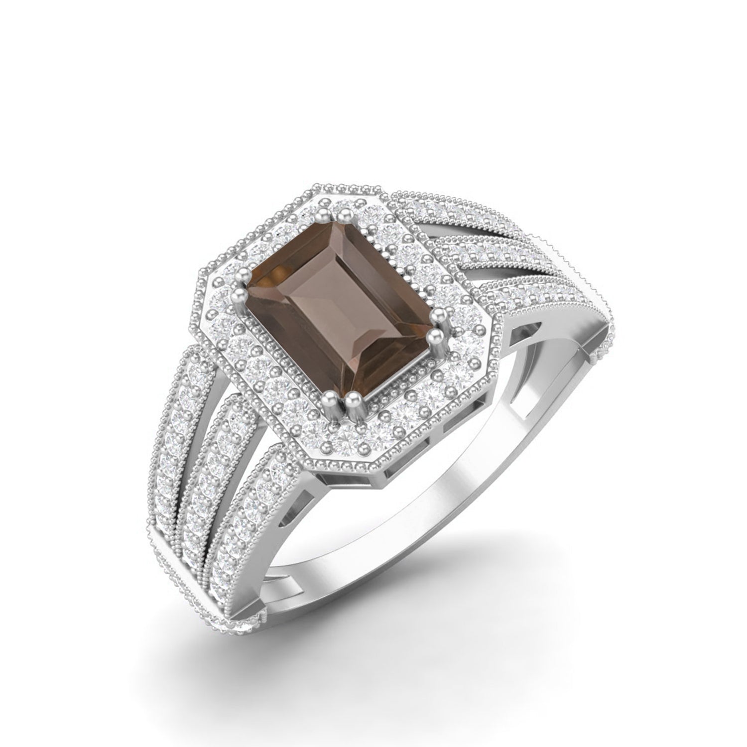 Smoky Quartz 1.00 Ct Octagon Double Halo Split Shank Ring – 14K Yellow Gold