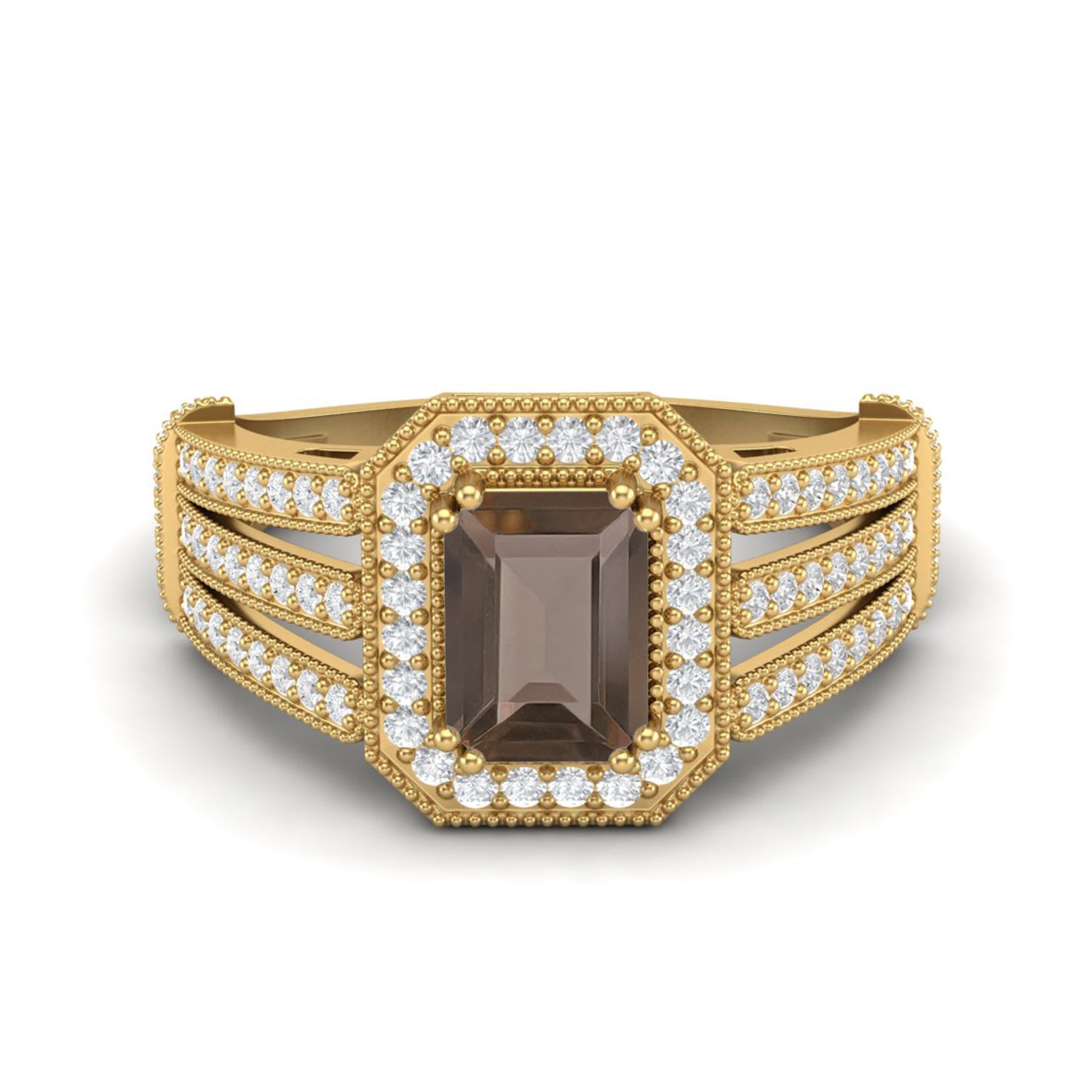 Smoky Quartz 1.00 Ct Octagon Double Halo Split Shank Ring – 14K Yellow Gold