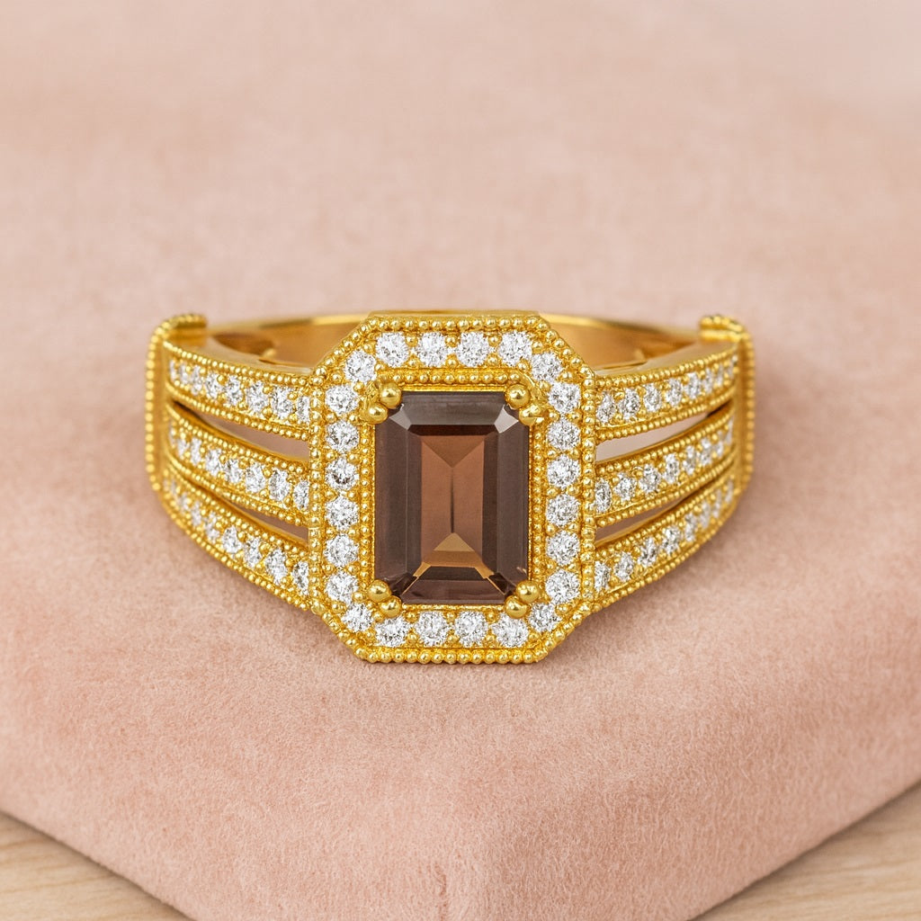 Smoky Quartz 1.00 Ct Octagon Double Halo Split Shank Ring – 14K Yellow Gold