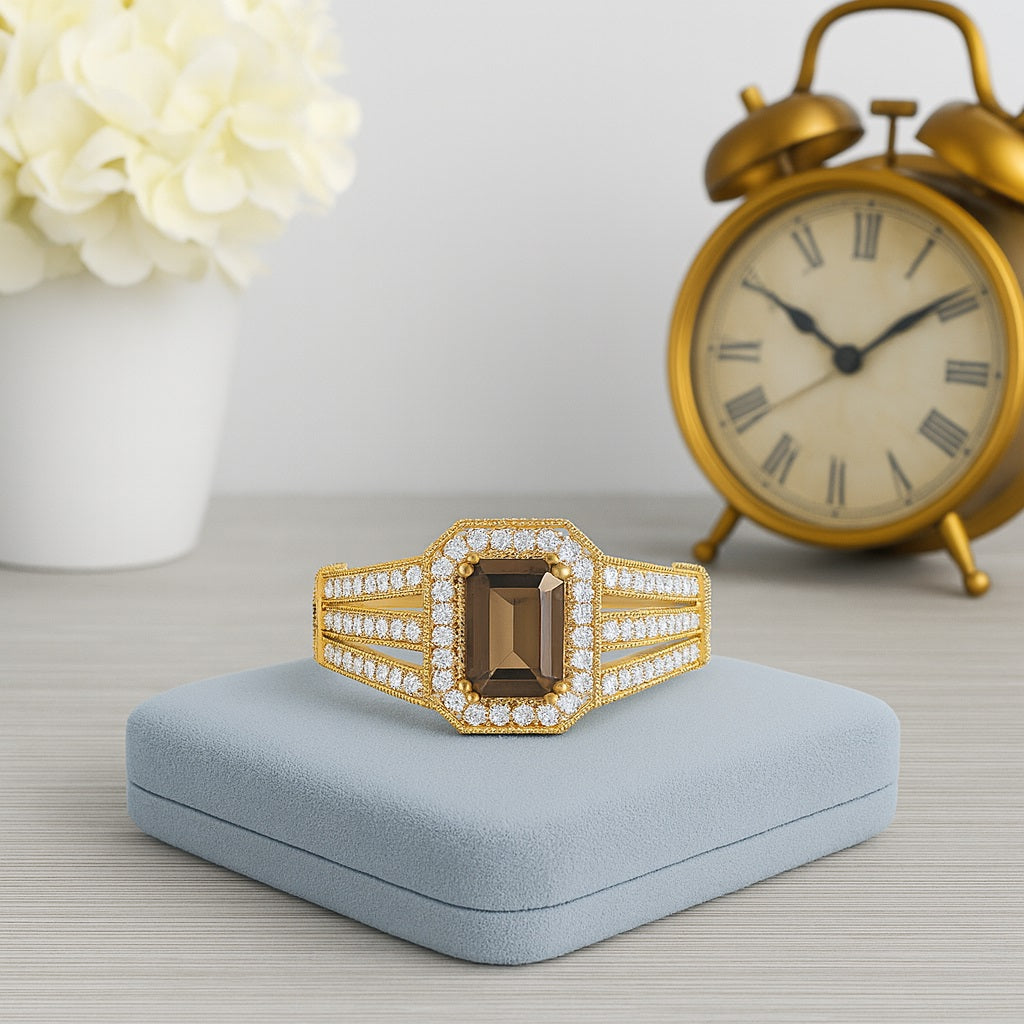 Smoky Quartz 1.00 Ct Octagon Double Halo Split Shank Ring – 14K Yellow Gold