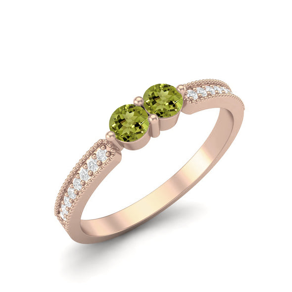 3MM Round Shape Peridot Gemstone 925 Sterling Silver Two Stone Women Promise Wedding Ring