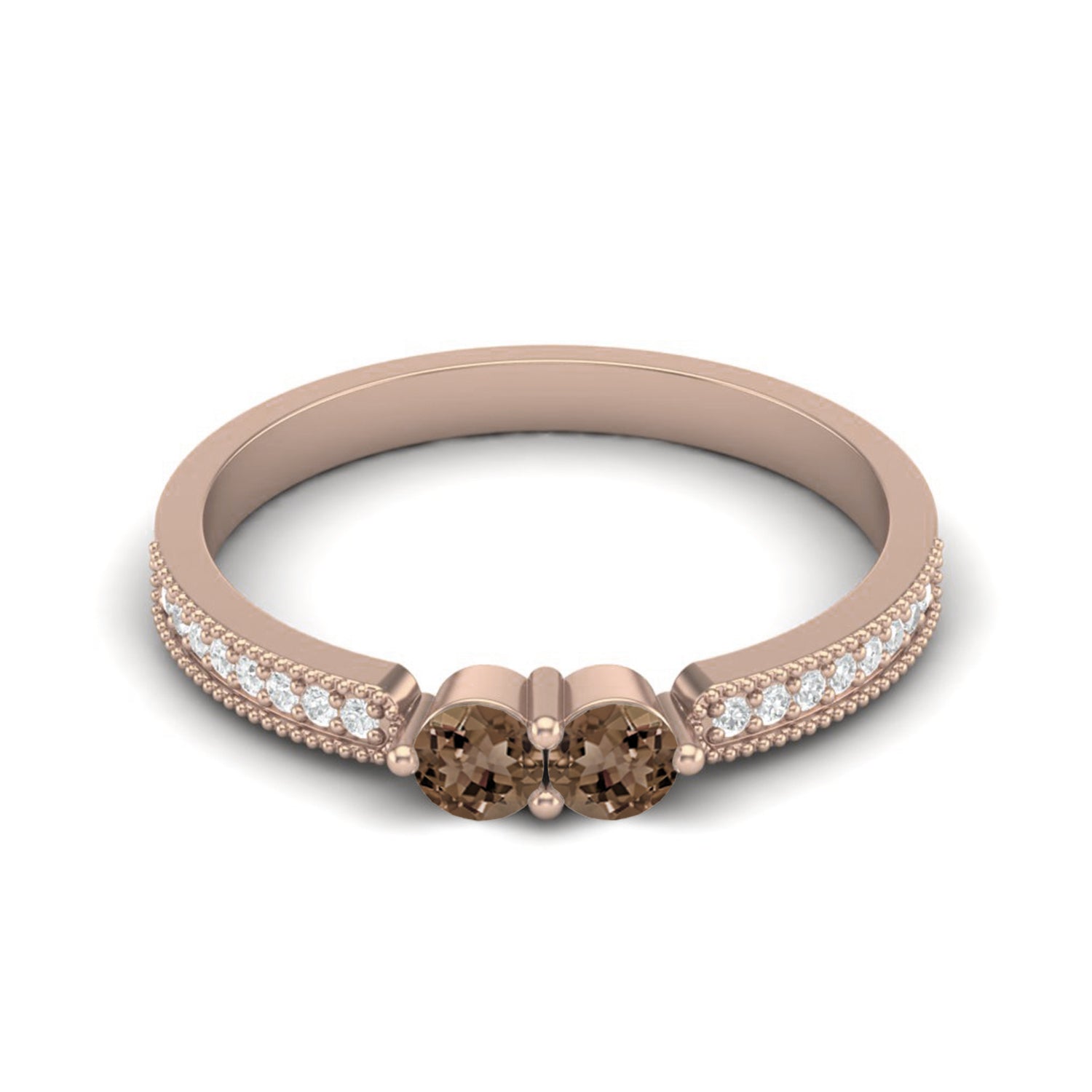 Smoky Quartz 0.20 Ct Round Twin Stone Pavé Shank Ring – 14K Yellow Gold