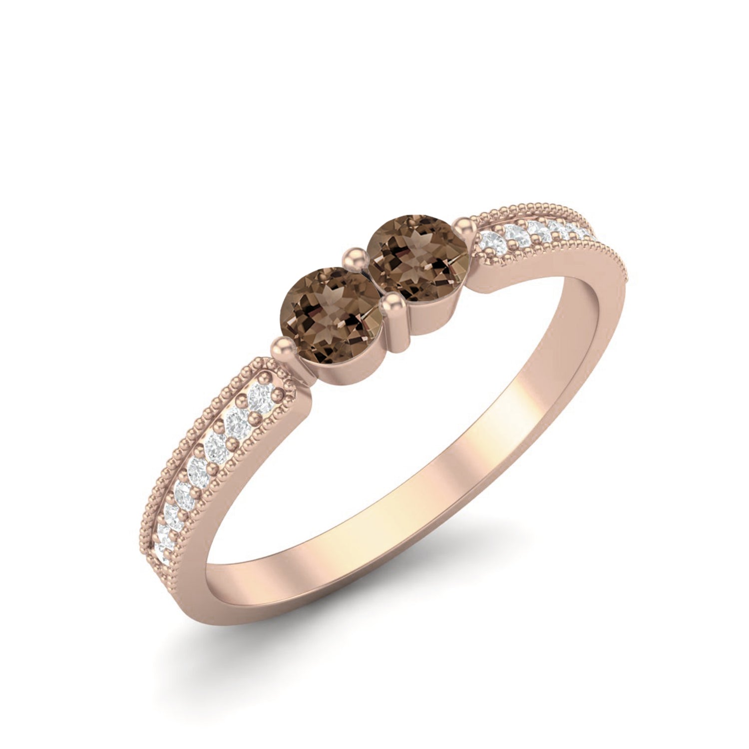 Smoky Quartz 0.20 Ct Round Twin Stone Pavé Shank Ring – 14K Yellow Gold