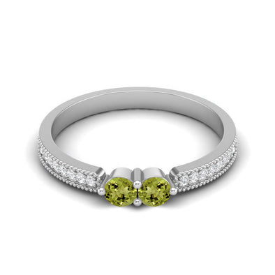 3MM Round Shape Peridot Gemstone 925 Sterling Silver Two Stone Women Promise Wedding Ring