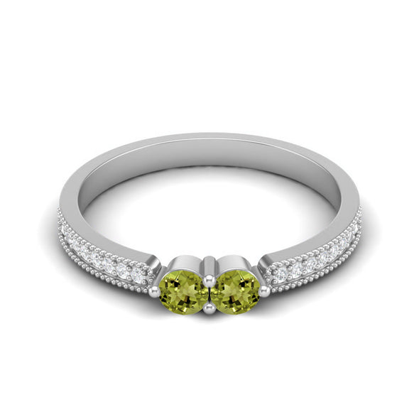 3MM Round Shape Peridot Gemstone 925 Sterling Silver Two Stone Women Promise Wedding Ring