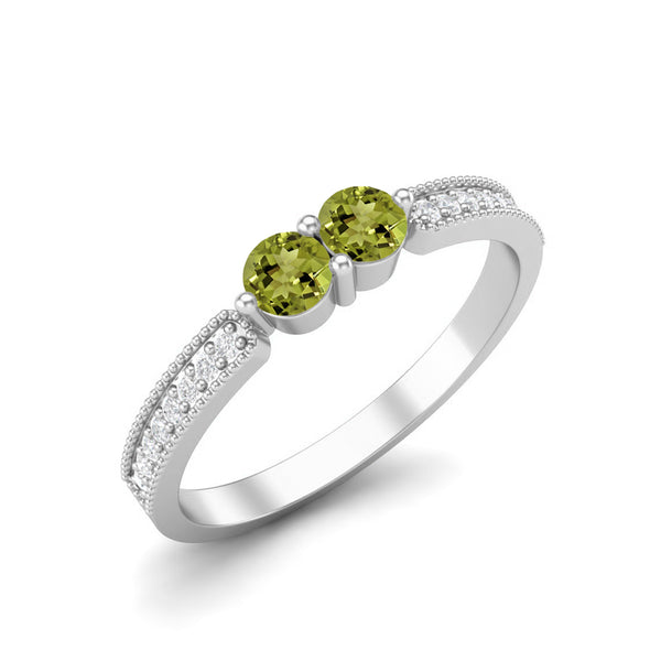 3MM Round Shape Peridot Gemstone 925 Sterling Silver Two Stone Women Promise Wedding Ring