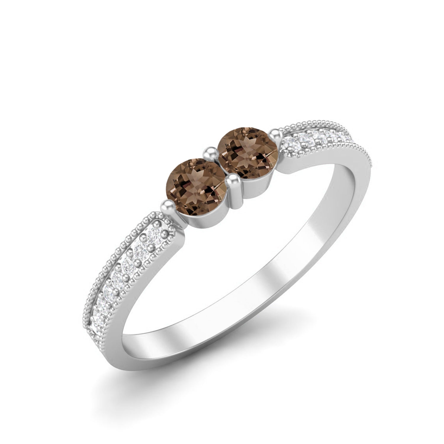 Smoky Quartz 0.20 Ct Round Twin Stone Pavé Shank Ring – 14K Yellow Gold