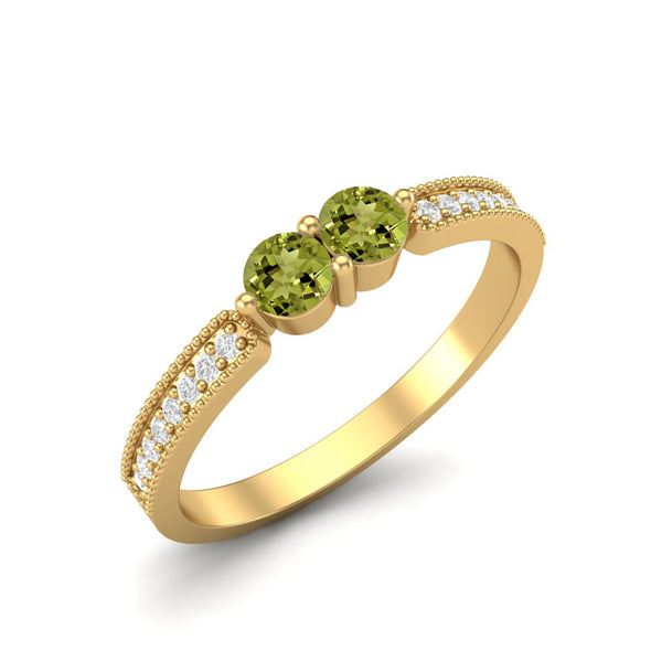 3MM Round Shape Peridot Gemstone 925 Sterling Silver Two Stone Women Promise Wedding Ring