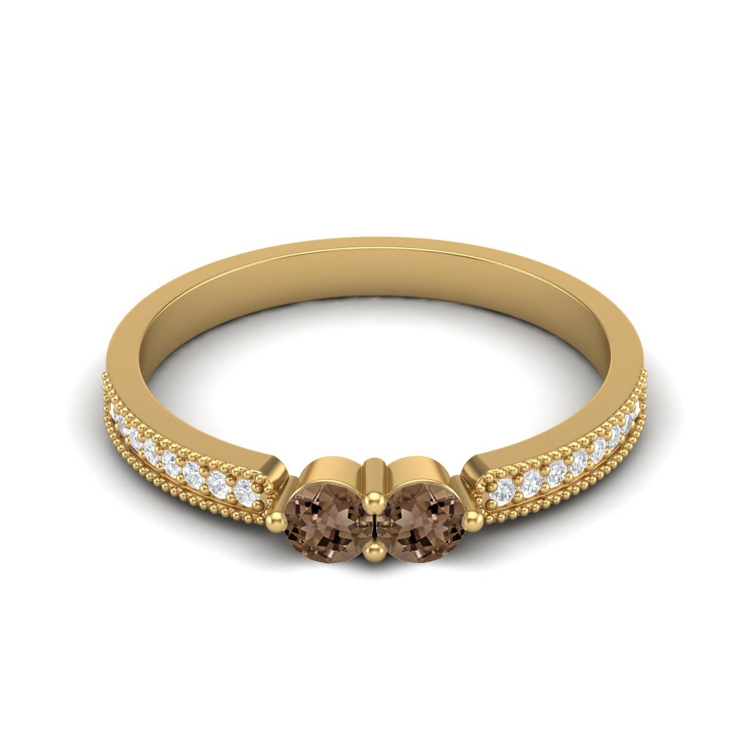 Smoky Quartz 0.20 Ct Round Twin Stone Pavé Shank Ring – 14K Yellow Gold