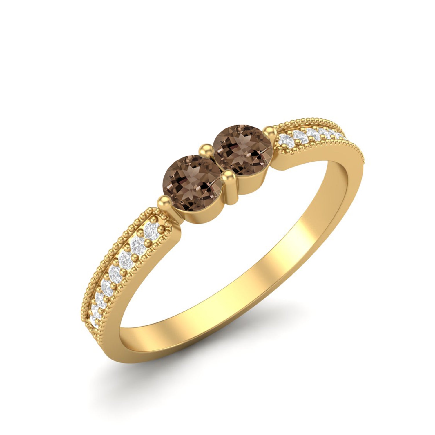 Smoky Quartz 0.20 Ct Round Twin Stone Pavé Shank Ring – 14K Yellow Gold