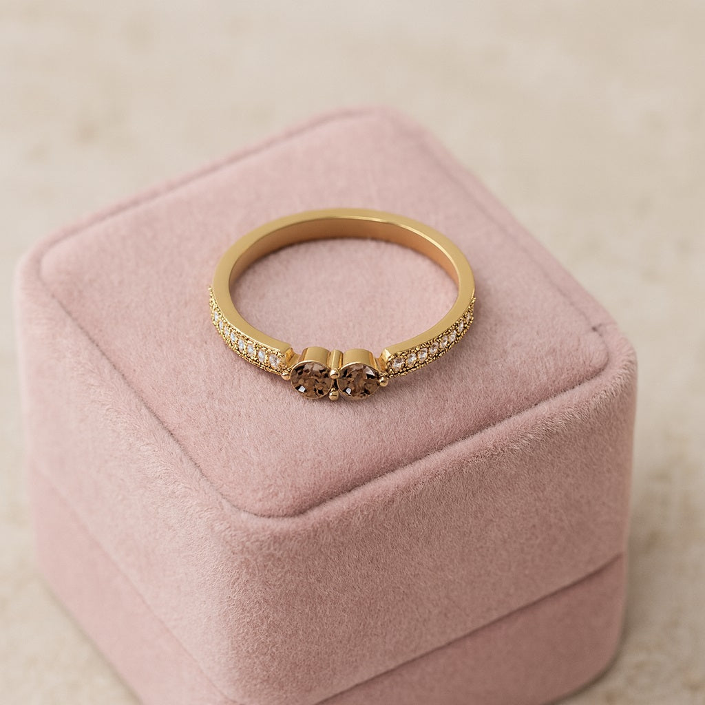 Smoky Quartz 0.20 Ct Round Twin Stone Pavé Shank Ring – 14K Yellow Gold
