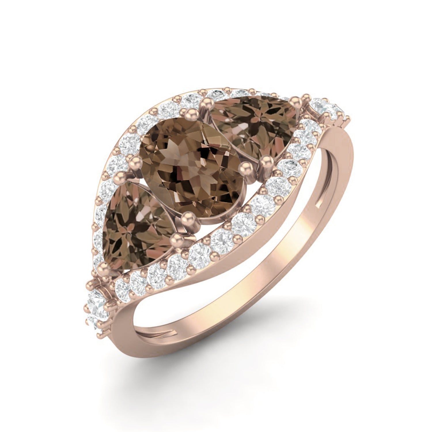 Smoky Quartz 2.00 Ct Oval Three-Stone Halo Ring – 14K Yellow Gold